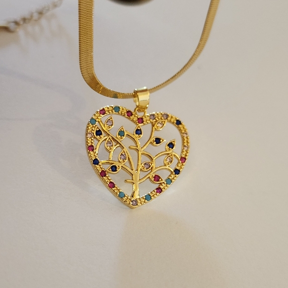 New 18K Gold Plated Multicolored Gemstones Tree Heart Necklace Pendant And Chain - Picture 2 of 7